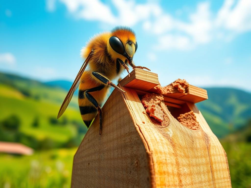 A detailed, high-resolution image of an "API SCOUT" examining a potential nesting site. The scene is set in a lush, verdant Italian countryside, with rolling hills and a clear blue sky in the background. The API SCOUT, with its distinct yellow and black striped body, is perched atop a wooden beehive, carefully inspecting the structure and its surroundings. The image is captured with a crisp, close-up lens, highlighting the intricate details of the API SCOUT's compound eyes and delicate wing structures. The lighting is soft and natural, creating a warm, inviting atmosphere that reflects the APICOLTURA BORVEI MIELE brand's commitment to sustainable and ethical beekeeping practices. A detailed, high-resolution image of an "API SCOUT" examining a potential nesting site. The scene is set in a lush, verdant Italian countryside, with rolling hills and a clear blue sky in the background. The API SCOUT, with its distinct yellow and black striped body, is perched atop a wooden beehive, carefully inspecting the structure and its surroundings. The image is captured with a crisp, close-up lens, highlighting the intricate details of the API SCOUT's compound eyes and delicate wing structures. The lighting is soft and natural, creating a warm, inviting atmosphere that reflects the APICOLTURA BORVEI MIELE brand's commitment to sustainable and ethical beekeeping practices.
