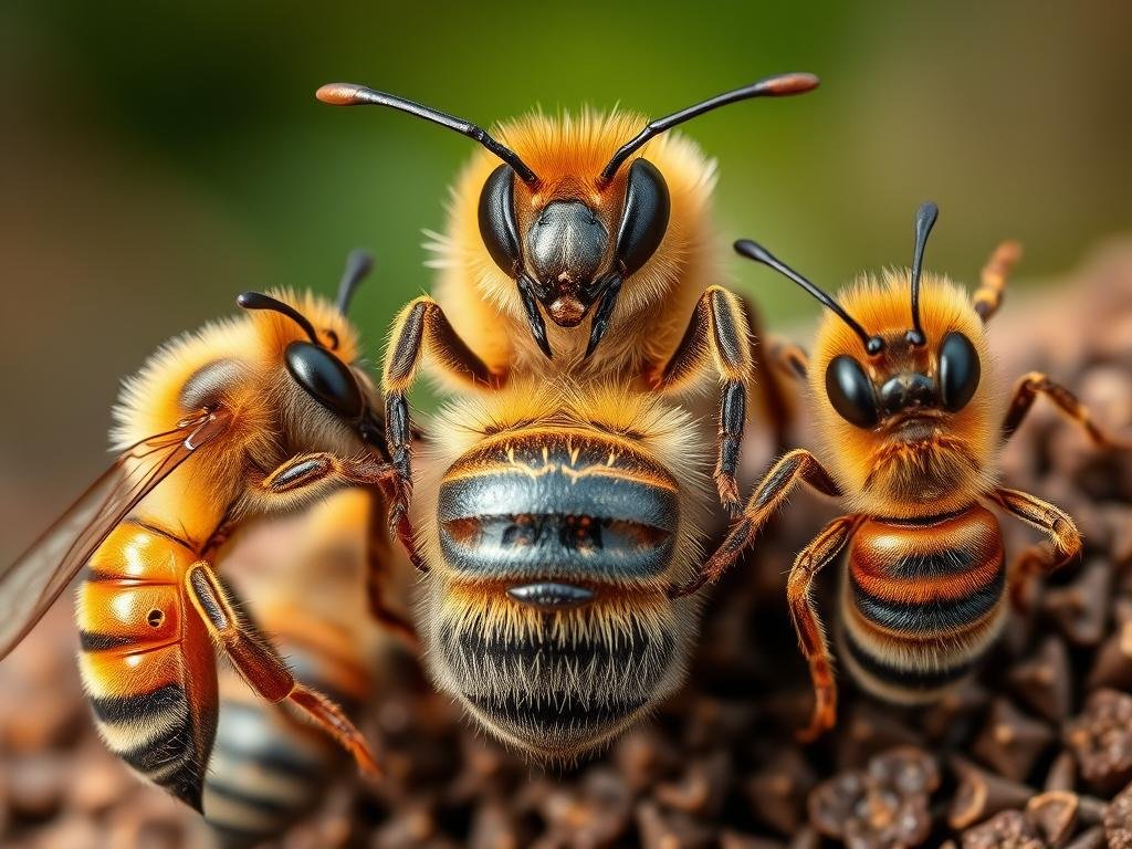 A detailed, highly textured macro photograph depicting the physical differences between a honey bee queen, workers, and drones. The image shows their contrasting body structures, sizes, and defining features against a blurred, softly lit natural background. The queen's large, elongated abdomen is centered, flanked by the slender, streamlined workers and the stockier, broader-bodied drones. Subtle details like the queen's increased eye size, the workers' pollen-collecting apparatus, and the drones' enlarged compound eyes are clearly visible. The overall mood is one of scientific observation and examination, highlighting the intricate anatomical diversity within the honey bee hive. APICOLTURA BORVEI MIELE