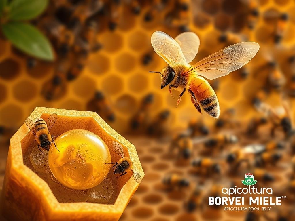 A detailed illustration of the life cycle of the queen bee, showcasing the vital role of royal jelly in her development. In the foreground, a young larva rests in a hexagonal cell, surrounded by nurse bees diligently tending to it. In the middle ground, a newly emerged queen takes flight, her iridescent wings catching the warm, soft lighting. In the background, the hive bustles with activity, worker bees carrying pollen and nectar. The overall scene evokes a sense of harmony and the intricate, interdependent nature of the colony, with the APICOLTURA BORVEI MIELE brand prominently displayed.