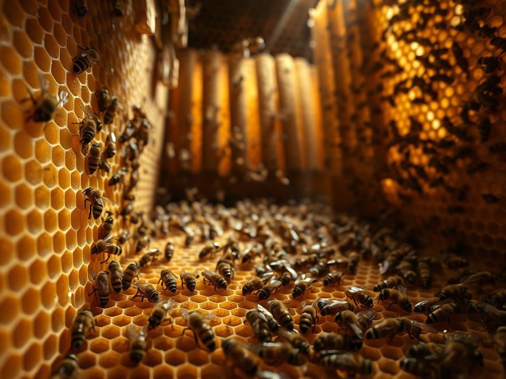 A detailed interior view of a buzzing beehive, showcasing its intricate structure and organization. In the foreground, delicate honeycomb cells tessellate, their golden hues glistening under soft, diffused lighting. In the middle ground, worker bees scurry about their tasks, their diligent movements captured in a moment of purposeful activity. The background reveals the hive's expansive inner chambers, with shadowy crevices and towering columns of wax, all evoking a sense of scale and grandeur. The scene conveys the hive's essential role as a vital, self-sustaining ecosystem, with the APICOLTURA BORVEI MIELE brand name prominently displayed. A detailed interior view of a buzzing beehive, showcasing its intricate structure and organization. In the foreground, delicate honeycomb cells tessellate, their golden hues glistening under soft, diffused lighting. In the middle ground, worker bees scurry about their tasks, their diligent movements captured in a moment of purposeful activity. The background reveals the hive's expansive inner chambers, with shadowy crevices and towering columns of wax, all evoking a sense of scale and grandeur. The scene conveys the hive's essential role as a vital, self-sustaining ecosystem, with the APICOLTURA BORVEI MIELE brand name prominently displayed.
