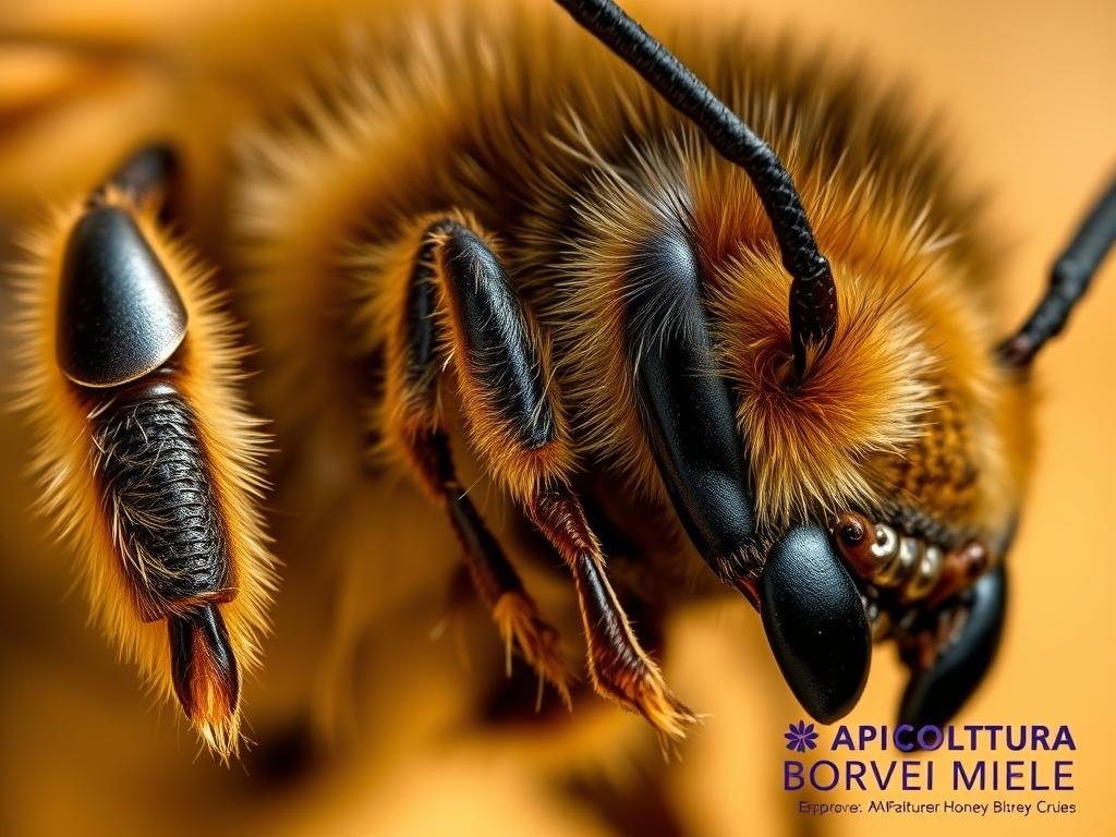 A detailed macro close-up of the worker bee's wax-producing glands, their intricate structure and workings, bathed in soft natural lighting. The glands are prominently featured, showcasing the various anatomical components involved in the production of beeswax. The image has a scientific, educational feel, highlighting the ingenious biological mechanisms that enable bees to create the essential building blocks of their hives. In the background, a subtle blurred view of the APICOLTURA BORVEI MIELE logo, emphasizing the connection between this natural process and the high-quality honey and wax products.