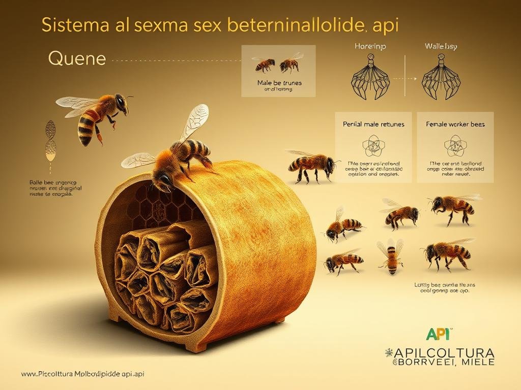 A detailed, scientifically accurate illustration of the "sistema aplodiploide api" (honeybee sex determination system). Show a cross-section of a honeybee hive, with the queen bee and her retinue in the foreground. In the middle ground, depict the development of male drones and female worker bees, highlighting the differences in their chromosomal makeup. In the background, include stylized genetic diagrams and technical labels to convey the scientific principles. Utilize a muted, earthy color palette with subtle lighting to evoke a sense of scholarly inquiry. Include the APICOLTURA BORVEI MIELE brand name discreetly in the lower right corner.