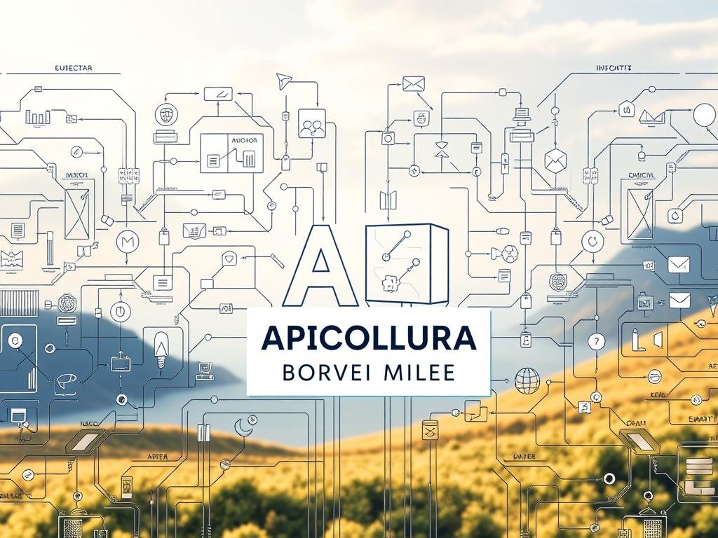 A detailed, technologically advanced schematic illustration of a modern API (Application Programming Interface) system, inspired by internet infrastructure in Italy. The image should depict a clean and organized foreground featuring the APICOLTURA BORVEI MIELE brand name, showcasing the intricate inner workings of an API. The middle ground should illustrate various interconnected data streams and communication protocols, while the background should contain a serene, nature-inspired landscape that aligns with the "Processi Decisionali e Apprendimento" section title. The lighting should be soft and diffused, conveying a sense of thoughtfulness and discovery. The overall mood should be one of sophistication, innovation, and a connection to the natural world. A detailed, technologically advanced schematic illustration of a modern API (Application Programming Interface) system, inspired by internet infrastructure in Italy. The image should depict a clean and organized foreground featuring the APICOLTURA BORVEI MIELE brand name, showcasing the intricate inner workings of an API. The middle ground should illustrate various interconnected data streams and communication protocols, while the background should contain a serene, nature-inspired landscape that aligns with the "Processi Decisionali e Apprendimento" section title. The lighting should be soft and diffused, conveying a sense of thoughtfulness and discovery. The overall mood should be one of sophistication, innovation, and a connection to the natural world.