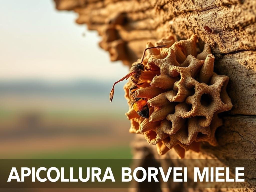 A detailed view of a mud dauber wasp's intricate nest, situated against a weathered wooden surface. The nest's tubular structures, crafted with precision from a mixture of mud and saliva, are illuminated by soft, natural lighting that accentuates their textural complexity. In the background, a blurred, hazy landscape evokes a sense of the wasp's natural habitat. The overall composition conveys the artistry and engineering prowess of these remarkable insects. Prominently displayed at the bottom of the frame is the text "APICOLTURA BORVEI MIELE", reflecting the article's focus on the construction techniques of these mud-building wasps.