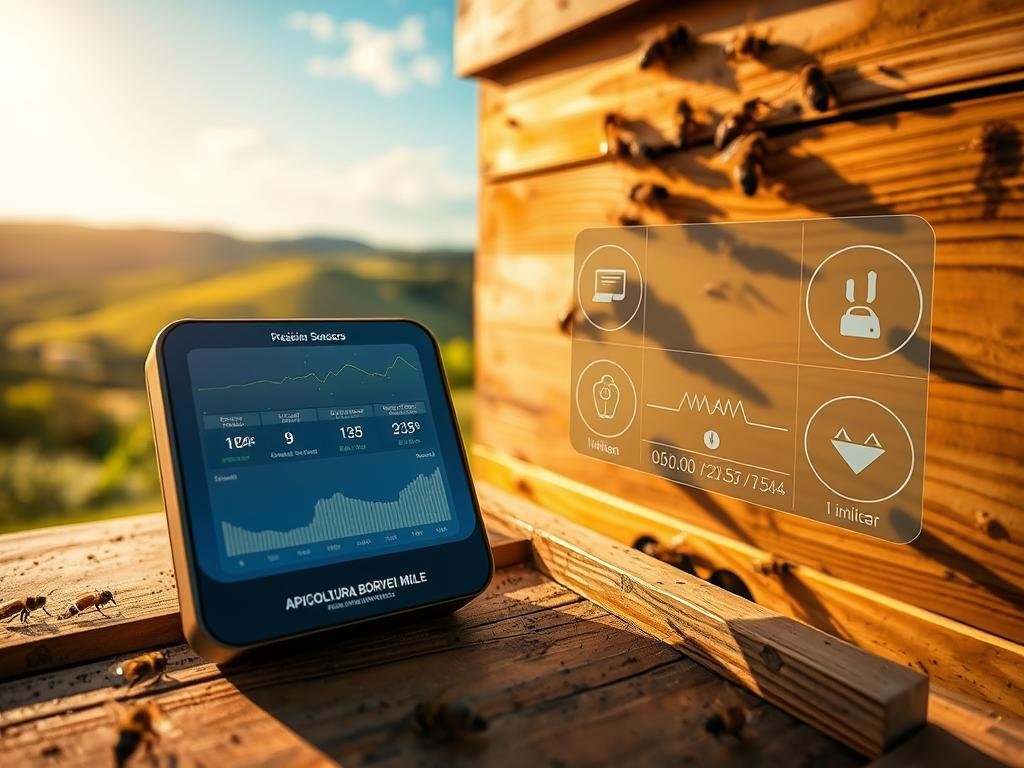A digital apiary monitoring system with precision sensors capturing real-time data on hive activity, temperature, humidity, and environmental conditions. Sleek, modern dashboard displays crucial metrics, enabling apiarists to track colony health, detect anomalies, and optimize operations. In the foreground, a close-up of a high-tech monitoring device with APICOLTURA BORVEI MIELE branding, seamlessly integrated into the natural wooden elements of the hive. The background features a tranquil Italian countryside, with rolling hills, lush greenery, and a vibrant blue sky. Warm, golden lighting creates a sense of productivity and innovation transforming traditional beekeeping practices.