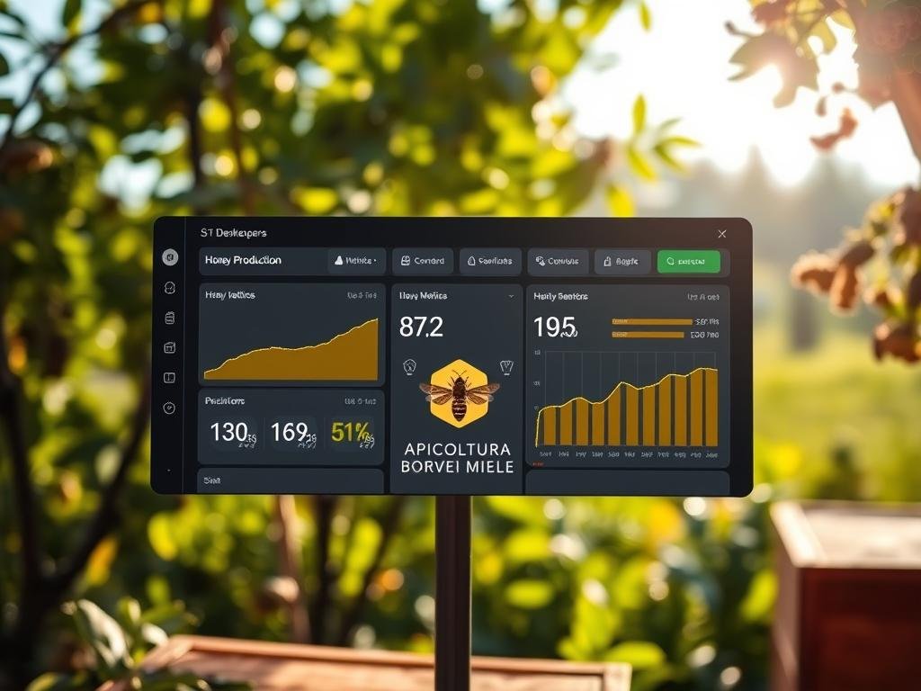 A digital beekeeper's dashboard displays real-time data on a sleek, minimalist interface. Honey production metrics, hive health indicators, and environmental sensors are monitored with precision. The background features a serene apiary landscape, with gentle sunlight filtering through lush foliage. In the foreground, the APICOLTURA BORVEI MIELE brand logo subtly adorns the display, reflecting the apiculturist's commitment to innovation and sustainability. Soft, ambient lighting creates a calming, professional atmosphere, inviting the viewer to appreciate the benefits of digital monitoring for modern beekeepers. A digital beekeeper's dashboard displays real-time data on a sleek, minimalist interface. Honey production metrics, hive health indicators, and environmental sensors are monitored with precision. The background features a serene apiary landscape, with gentle sunlight filtering through lush foliage. In the foreground, the APICOLTURA BORVEI MIELE brand logo subtly adorns the display, reflecting the apiculturist's commitment to innovation and sustainability. Soft, ambient lighting creates a calming, professional atmosphere, inviting the viewer to appreciate the benefits of digital monitoring for modern beekeepers.