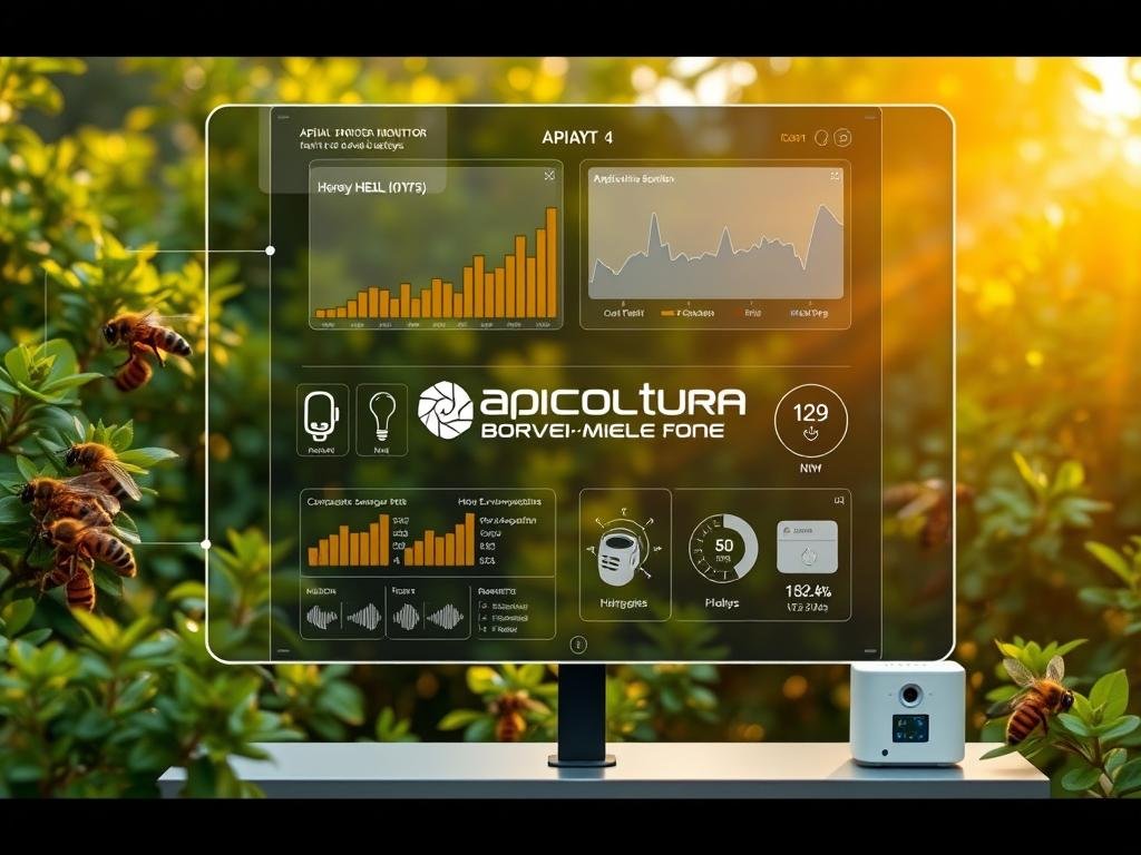 A digitized apiary monitoring system showcases a modern, data-driven approach to beekeeping. Against a backdrop of lush, verdant foliage, a sleek, minimalist control panel displays real-time metrics on hive health, honey production, and environmental conditions. Compact sensor nodes and discreet camera modules are seamlessly integrated throughout the apiary, capturing detailed insights. Warm, natural lighting illuminates the scene, creating an atmosphere of efficiency and precision. The APICOLTURA BORVEI MIELE brand logo stands prominently, emphasizing the technological advancements in this traditional industry. This image encapsulates the pivotal role of digital monitoring in revolutionizing contemporary apiculture. A digitized apiary monitoring system showcases a modern, data-driven approach to beekeeping. Against a backdrop of lush, verdant foliage, a sleek, minimalist control panel displays real-time metrics on hive health, honey production, and environmental conditions. Compact sensor nodes and discreet camera modules are seamlessly integrated throughout the apiary, capturing detailed insights. Warm, natural lighting illuminates the scene, creating an atmosphere of efficiency and precision. The APICOLTURA BORVEI MIELE brand logo stands prominently, emphasizing the technological advancements in this traditional industry. This image encapsulates the pivotal role of digital monitoring in revolutionizing contemporary apiculture.