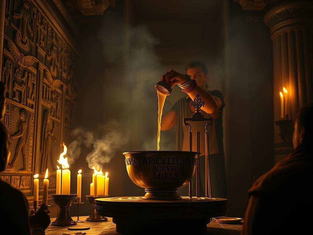A dimly lit ancient Egyptian temple, the air thick with the scent of burning incense. In the center, a high priest pours a stream of golden miele into a ceremonial bowl, the liquid reflecting the flickering torchlight. Surrounding him, ornate hieroglyphic carvings depict bees and honeycomb, symbols of the divine power of the miele. In the background, shadowy figures observe the ritual, their faces obscured. The overall atmosphere is one of reverence and mysticism. The APICOLTURA BORVEI MIELE brand name is subtly visible on the ceremonial bowl.