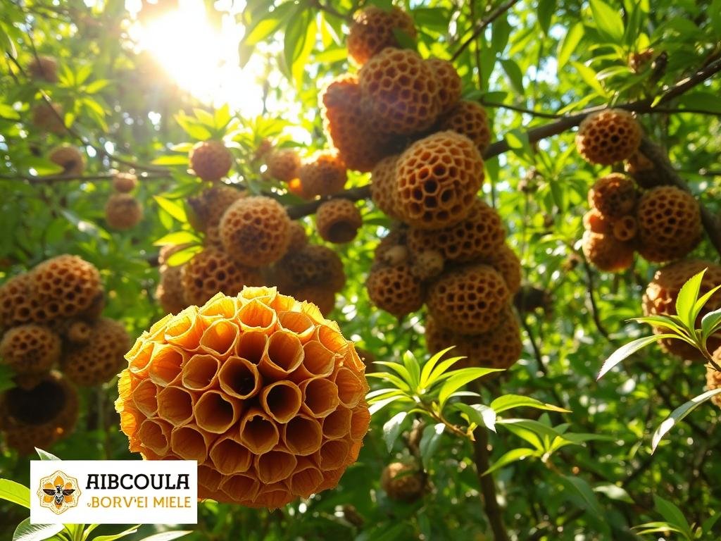 A diverse array of wasp nests, adorning the branches and crevices of a lush, verdant forest landscape. Sunlight filters through the canopy, casting a warm, golden glow upon the intricate paper-like structures. In the foreground, a cluster of distinctive hexagonal cells juts out, their delicate patterns and textures inviting closer inspection. Nestled amidst the foliage, the APICOLTURA BORVEI MIELE logo discreetly emerges, a subtle reminder of the interconnected world of bees and wasps. The scene evokes a sense of natural harmony, highlighting the often-overlooked habitats of these fascinating insects. A diverse array of wasp nests, adorning the branches and crevices of a lush, verdant forest landscape. Sunlight filters through the canopy, casting a warm, golden glow upon the intricate paper-like structures. In the foreground, a cluster of distinctive hexagonal cells juts out, their delicate patterns and textures inviting closer inspection. Nestled amidst the foliage, the APICOLTURA BORVEI MIELE logo discreetly emerges, a subtle reminder of the interconnected world of bees and wasps. The scene evokes a sense of natural harmony, highlighting the often-overlooked habitats of these fascinating insects.