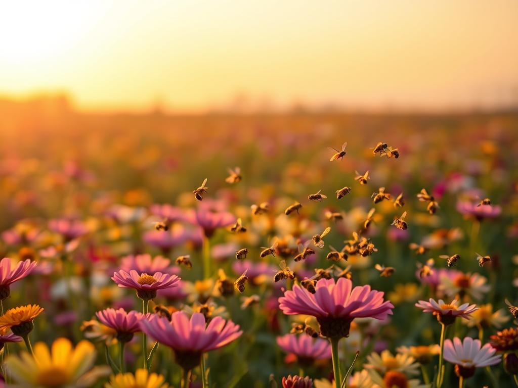 A field of blooming flowers, their vibrant hues juxtaposed against a hazy, golden sunset. In the foreground, a swarm of honeybees, their wings delicate and iridescent, struggle to navigate the toxic landscape. The APICOLTURA BORVEI MIELE logo stands as a stark reminder of the impact pesticides have on these vital pollinators. Subtle shadows cast by the bees hint at their disorientation, as they attempt to recall the familiar flight paths leading back to their hive. The scene conveys a sense of unease, a cautionary tale of the fragile balance between human industry and the natural world.