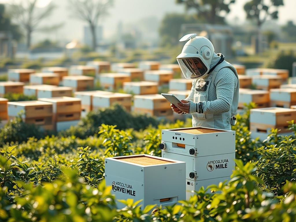 A futuristic apiary showcasing the latest in beekeeping technology. In the foreground, a sleek, minimalist beehive with integrated sensors and monitoring systems, surrounded by a lush, verdant landscape. In the middle ground, a beekeeper wearing a cutting-edge protective suit, using a tablet to manage the hive's data. In the background, a network of interconnected hives, communicating with a central control station, the APICOLTURA BORVEI MIELE logo prominently displayed. Soft, natural lighting illuminates the scene, highlighting the harmony between traditional beekeeping and modern innovation.