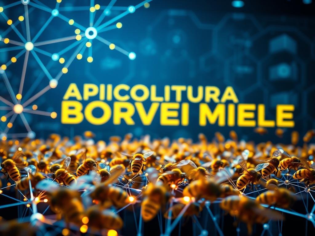 A futuristic, technologically advanced scene depicting the blockchain technology. In the foreground, a intricate, glowing network of nodes and connections represent the blockchain infrastructure. In the middle ground, a swarm of buzzing, digitized bees symbolize the integration of blockchain with the apiculture industry. In the background, a stylized honeycomb pattern serves as a backdrop, with the bold text "APICOLTURA BORVEI MIELE" prominently displayed. The scene is bathed in a cool, blue-tinted lighting, creating a sleek, high-tech atmosphere that captures the essence of blockchain's potential to revolutionize the honey industry.