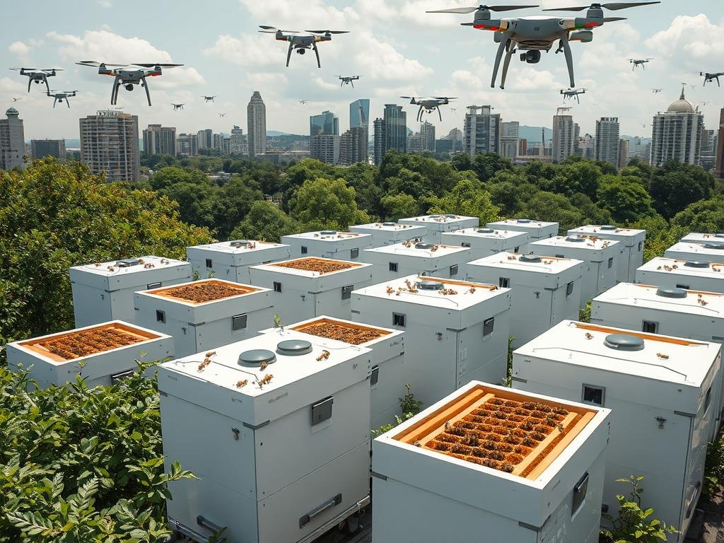 A futuristic urban apiary, its cutting-edge technology seamlessly blending with the verdant cityscape. Sleek, minimalist hives equipped with sensors and cameras monitor the busy honeybees, their pollination activities contributing to a thriving, sustainable ecosystem. APICOLTURA BORVEI MIELE's state-of-the-art facility utilizes renewable energy and advanced data analysis to optimize honey production, showcasing the boundless possibilities of technological innovation in urban beekeeping. Overhead, a flock of drones captures the scene, their camera lenses immortalizing the harmony between nature and technology.
