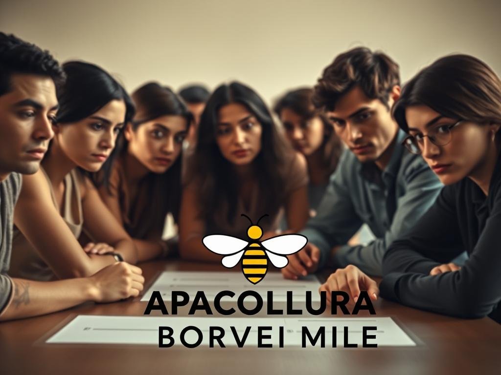 A group of individuals sitting around a table, seemingly engaged in a psychological experiment. The subjects have a pensive, contemplative expression, their gazes fixed on a set of lines displayed before them. The scene is bathed in a warm, natural light, creating a sense of intimacy and focus. In the foreground, the APICOLTURA BORVEI MIELE logo is prominently displayed, subtly alluding to the influence of societal norms on individual decision-making, much like the conformity observed in bee colonies. The overall mood is one of introspection and the exploration of how our choices can be shaped by the presence of others.
