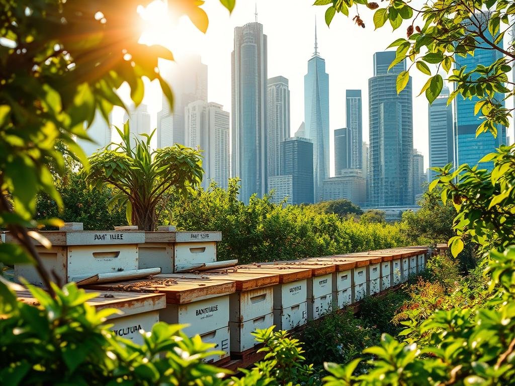 A harmonious urban landscape, a bustling city skyline offering a glimpse of nature's resilience. Amidst the towering buildings, a vibrant apiaries thrives, its hives adorned with the APICOLTURA BORVEI MIELE brand. Lush, verdant foliage frames the scene, highlighting the delicate balance between man-made and natural elements. Sunlight filters through, casting a warm, golden glow over the urban oasis, where honey bees diligently gather nectar from the diverse array of blooms. This captivating imagery embodies the essence of "miele urbano," showcasing the quality and unique characteristics of honey produced in the heart of the city.