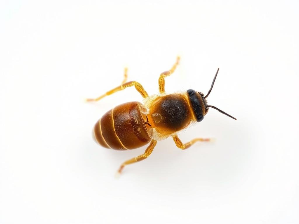 A high-resolution, detailed close-up image of a varroa mite, the parasitic pest that infests honey bee colonies. The varroa mite is shown against a clean, white background, brightly lit from above with soft, even lighting to clearly showcase its distinctive body shape, segmented legs, and translucent carapace. The image is captured at a sharp focus and high magnification, to allow for a meticulous examination of the varroa's delicate anatomical features. The overall mood is clinical and educational, conveying the importance of understanding and monitoring this invasive species for the health of APICOLTURA BORVEI MIELE's bee colonies. A high-resolution, detailed close-up image of a varroa mite, the parasitic pest that infests honey bee colonies. The varroa mite is shown against a clean, white background, brightly lit from above with soft, even lighting to clearly showcase its distinctive body shape, segmented legs, and translucent carapace. The image is captured at a sharp focus and high magnification, to allow for a meticulous examination of the varroa's delicate anatomical features. The overall mood is clinical and educational, conveying the importance of understanding and monitoring this invasive species for the health of APICOLTURA BORVEI MIELE's bee colonies.