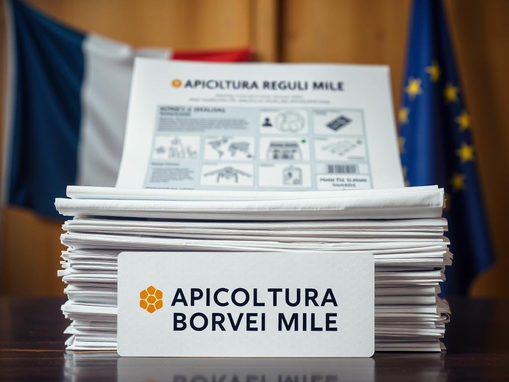 A high-resolution, photorealistic image of the European and Italian regulatory framework for beekeeping products. The scene depicts a stack of official-looking documents, policies, and regulations related to honey production, labeling, and sales. In the foreground, the "APICOLTURA BORVEI MIELE" brand logo is prominently displayed, reflecting the commercial aspects of the industry. The middle ground features a clean, minimalist layout with various icons and infographic elements to convey the technical nature of the regulations. The background showcases the Italian flag and the European Union flag, emphasizing the dual jurisdiction. The lighting is warm and subdued, creating a professional and authoritative atmosphere.