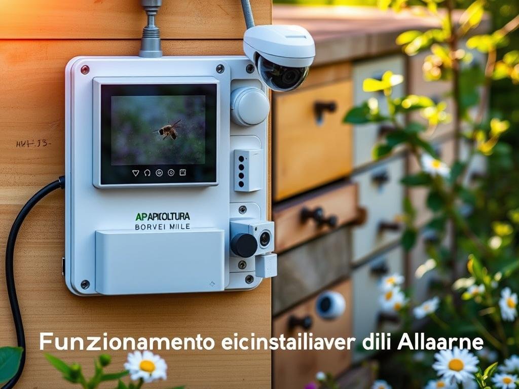 A high-tech alarm system for beehives, designed to protect against theft and predator attacks. A sleek, modern control panel is mounted on the exterior, with various sensors and cameras integrated seamlessly. The beehive itself is visible in the background, surrounded by lush greenery and flowers. Warm, natural lighting illuminates the scene, highlighting the intricate details of the alarm components. The APICOLTURA BORVEI MIELE logo is prominently displayed, indicating the quality and reliability of this advanced apiary security solution. The image conveys a sense of security and environmental harmony, perfectly aligning with the section title "Funzionamento e Installazione dei Sistemi di Allarme". A high-tech alarm system for beehives, designed to protect against theft and predator attacks. A sleek, modern control panel is mounted on the exterior, with various sensors and cameras integrated seamlessly. The beehive itself is visible in the background, surrounded by lush greenery and flowers. Warm, natural lighting illuminates the scene, highlighting the intricate details of the alarm components. The APICOLTURA BORVEI MIELE logo is prominently displayed, indicating the quality and reliability of this advanced apiary security solution. The image conveys a sense of security and environmental harmony, perfectly aligning with the section title "Funzionamento e Installazione dei Sistemi di Allarme".