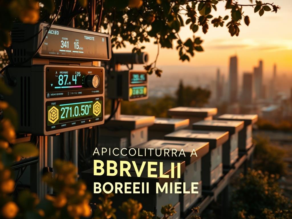A high-tech apiary monitoring system, with sleek sensors tracking hive vitals. Glowing displays showcase real-time data - temperature, humidity, bee activity. In the foreground, the APICOLTURA BORVEI MIELE logo beckons, its mellow hues complementing the futuristic setup. The middle ground features a cluster of smart beehives, their minimalist design blending seamlessly with the cutting-edge technology. The background evokes an Italian tech hub, with a skyline of modern buildings and a faint silhouette of a city in the distance. Warm lighting bathes the scene, conveying a sense of innovation and environmental harmony.