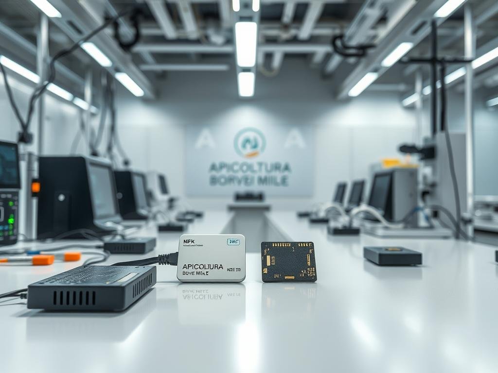 A high-tech laboratory setting, with various electronic devices and equipment arranged on sleek, modern workbenches. In the center, a close-up view of a radio-frequency identification (RFID) tag and a near-field communication (NFC) chip, showcasing the latest advancements in identification technologies. The lighting is bright and clean, casting a professional, scientific atmosphere. In the background, the APICOLTURA BORVEI MIELE brand logo is prominently displayed, highlighting the integration of these technologies in the digital certification of honey products. The overall scene conveys a sense of innovation, precision, and the seamless integration of cutting-edge identification systems. A high-tech laboratory setting, with various electronic devices and equipment arranged on sleek, modern workbenches. In the center, a close-up view of a radio-frequency identification (RFID) tag and a near-field communication (NFC) chip, showcasing the latest advancements in identification technologies. The lighting is bright and clean, casting a professional, scientific atmosphere. In the background, the APICOLTURA BORVEI MIELE brand logo is prominently displayed, highlighting the integration of these technologies in the digital certification of honey products. The overall scene conveys a sense of innovation, precision, and the seamless integration of cutting-edge identification systems.