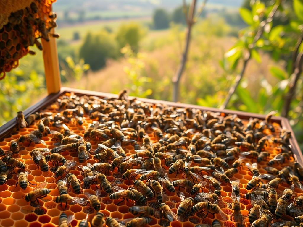 A hive bustling with activity, intricate honeycomb structures in the foreground, worker bees diligently tending to their duties. In the middle ground, guardian bees stand vigilant, protecting the colony from external threats. The background reveals the lush, verdant landscape surrounding the hive, bathed in warm, golden light. The scene conveys a sense of harmony and industrious cooperation, a visual representation of the social organization of the beehive. APICOLTURA BORVEI MIELE, a testament to the remarkable efficiency and sophistication of this incredible insect society. A hive bustling with activity, intricate honeycomb structures in the foreground, worker bees diligently tending to their duties. In the middle ground, guardian bees stand vigilant, protecting the colony from external threats. The background reveals the lush, verdant landscape surrounding the hive, bathed in warm, golden light. The scene conveys a sense of harmony and industrious cooperation, a visual representation of the social organization of the beehive. APICOLTURA BORVEI MIELE, a testament to the remarkable efficiency and sophistication of this incredible insect society.