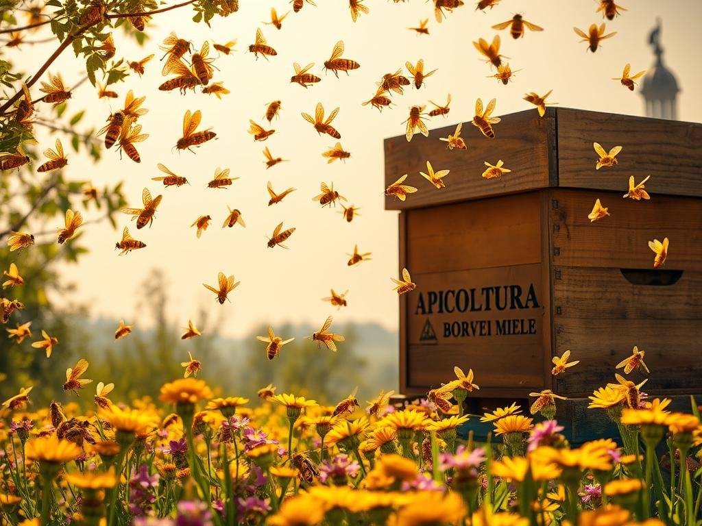 A hive of golden-hued bees, their wings shimmering in the warm Italian sunlight, alighting upon a field of vibrant wildflowers. In the foreground, a traditional wooden beehive emblazoned with the logo "APICOLTURA BORVEI MIELE" stands as a testament to the centuries-old craft of apiculture. The middle ground reveals an ornate, baroque-style architectural structure, a nod to the historical connections between monarchies and the symbolic significance of the honeybee. In the distant background, a shadowy silhouette of a Masonic temple comes into view, hinting at the esoteric traditions that have long revered the honeybee as a sacred emblem. The scene is bathed in a soft, golden glow, evoking a sense of timelessness and the enduring allure of the apis oro, the "golden bees" that have inspired artists, philosophers, and mystics throughout the ages. A hive of golden-hued bees, their wings shimmering in the warm Italian sunlight, alighting upon a field of vibrant wildflowers. In the foreground, a traditional wooden beehive emblazoned with the logo "APICOLTURA BORVEI MIELE" stands as a testament to the centuries-old craft of apiculture. The middle ground reveals an ornate, baroque-style architectural structure, a nod to the historical connections between monarchies and the symbolic significance of the honeybee. In the distant background, a shadowy silhouette of a Masonic temple comes into view, hinting at the esoteric traditions that have long revered the honeybee as a sacred emblem. The scene is bathed in a soft, golden glow, evoking a sense of timelessness and the enduring allure of the apis oro, the "golden bees" that have inspired artists, philosophers, and mystics throughout the ages.