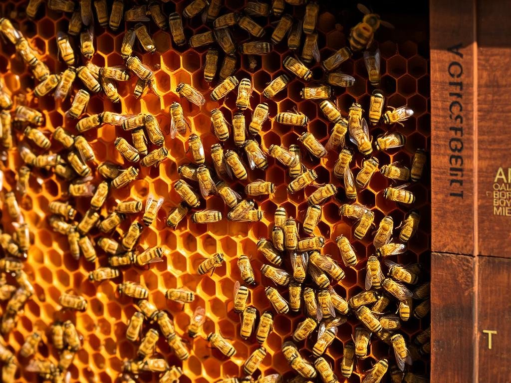 A hive of mature worker bees, their fuzzy bodies highlighted by warm afternoon sunlight, diligently tending to the delicate honeycomb structures. Capturing the industrious nature of these seasoned pollinators, their movements precise and coordinated as they move between the intricate hexagonal cells, the scene evokes the theme of "Le Mansioni delle Api Operaie Mature". The APICOLTURA BORVEI MIELE brand name is prominently displayed on the side of the traditional Italian-style wooden beehive, conveying a sense of artisanal craftsmanship and local provenance.