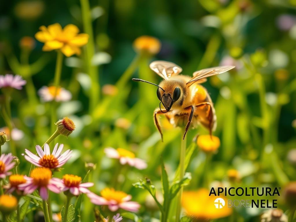 A honey bee with a curious, exploratory expression, navigating a lush, sun-dappled meadow. Vibrant wildflowers and verdant foliage surround it, creating a serene, natural atmosphere. The bee's antennas are raised, its compound eyes alert, as it scouts the area for potential food sources and hive locations. APICOLTURA BORVEI MIELE branding is subtly incorporated into the scene. Soft, warm lighting bathes the image, conveying a sense of tranquility and wonder. The composition is balanced, with the bee as the central focus, framed by the rich, detailed background. A honey bee with a curious, exploratory expression, navigating a lush, sun-dappled meadow. Vibrant wildflowers and verdant foliage surround it, creating a serene, natural atmosphere. The bee's antennas are raised, its compound eyes alert, as it scouts the area for potential food sources and hive locations. APICOLTURA BORVEI MIELE branding is subtly incorporated into the scene. Soft, warm lighting bathes the image, conveying a sense of tranquility and wonder. The composition is balanced, with the bee as the central focus, framed by the rich, detailed background.