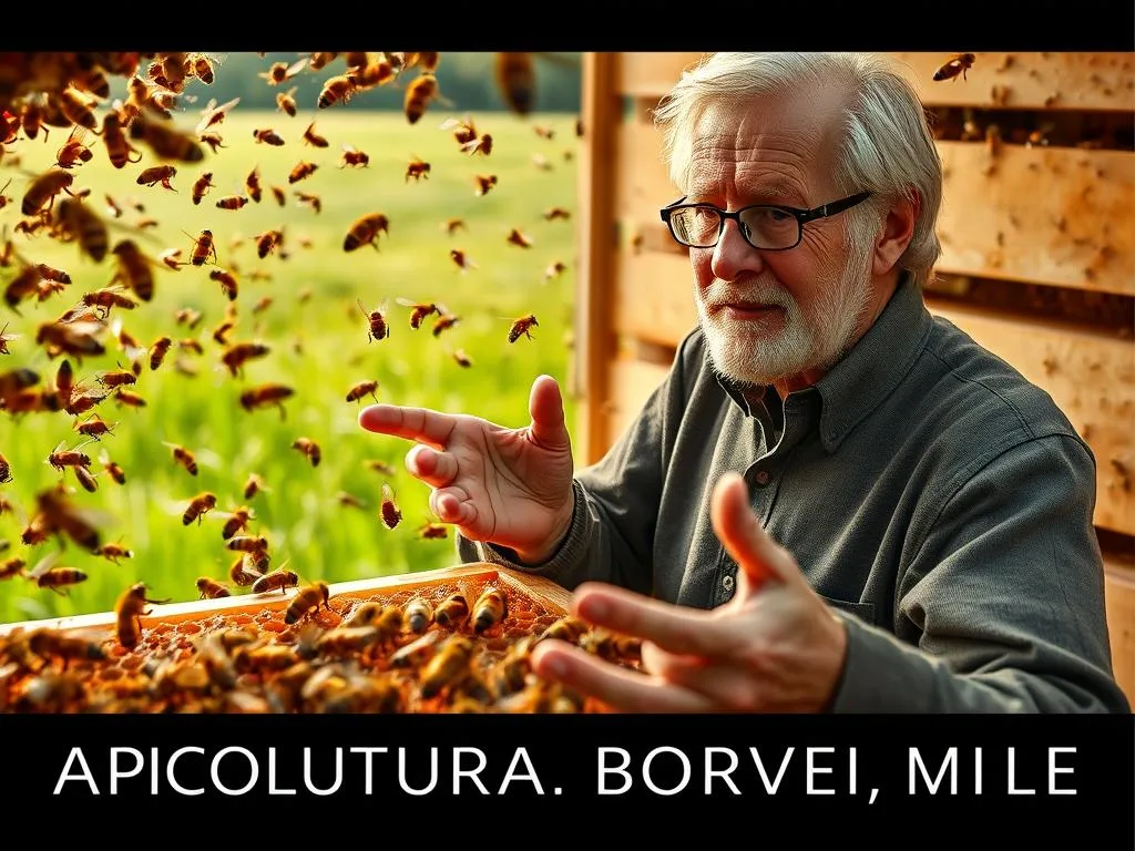 A intimate portrait of Karl von Frisch, the renowned Austrian ethologist, standing amidst a swarm of honeybees. In the foreground, Von Frisch gestures animatedly, his face alight with fascination as he observes the intricate dance of the bees. The middle ground is a vibrant, buzzing hive, with bees in flight and crawling over the hexagonal comb. The background features a lush, verdant field, hinting at the natural habitat of these industrious pollinators. Warm, golden lighting filters through, capturing the sense of discovery and scientific wonder. The scene conveys the groundbreaking nature of Von Frisch's research on the secret language of bees, as commemorated in the text "APICOLTURA BORVEI MIELE" in the lower portion of the frame.