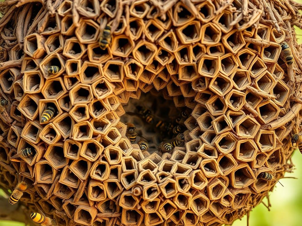 A large, intricate nest of a European hornet (Vespa crabro), the "nido di calabrone", sits prominently in the foreground. The nest is constructed from a complex lattice of chewed wood fibers, forming hexagonal chambers within. Warm, earthy tones and natural textures create a sense of organic harmony. In the middle ground, a few hornets emerge from the nest, their vibrant yellow and black bodies in sharp focus. The background is hazy and softly blurred, emphasizing the nest's imposing presence. Subtle, natural lighting casts interesting shadows and highlights the nest's architectural details. The overall scene conveys the impressive engineering of this hornet species. APICOLTURA BORVEI MIELE