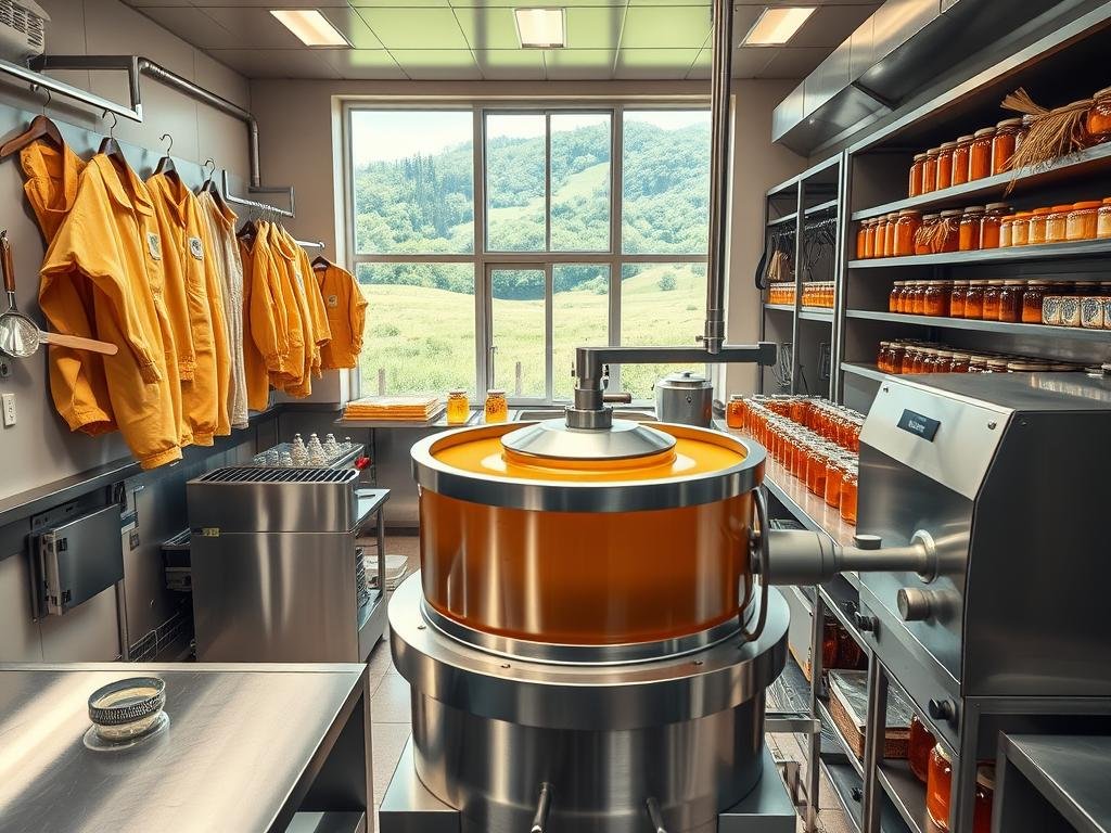 A large, well-lit commercial kitchen, filled with stainless steel equipment and gleaming surfaces. In the foreground, a large honey extractor, its spinning drum glistening. Rows of beekeeping suits and tools hang on the walls, while jars of golden honey sit on shelves. In the background, a large window offers a view of a lush, verdant landscape. The atmosphere is one of order and efficiency, reflecting the high standards of APICOLTURA BORVEI MIELE, a renowned Italian honey producer. The entire scene conveys the care and attention to detail required for the proper processing and packaging of honey, in line with the "Requisiti dei Laboratori di Smielatura" section of the article.