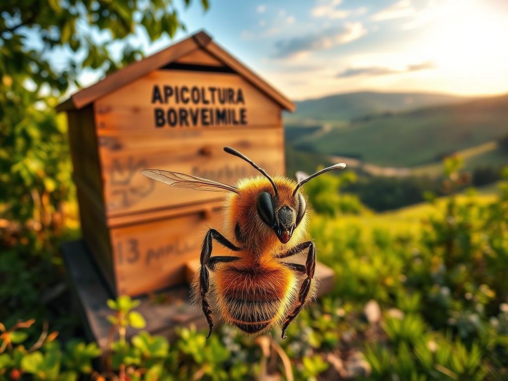 A lively, photorealistic image showcasing a male honeybee or drone (fuchi api) in a natural Italian apiary setting. Depict the fuchi with a robust, furry body, large compound eyes, and plump abdomen. Place the drone in the foreground, capturing its distinctive physical attributes in crisp detail. In the middle ground, include a wooden beehive emblazoned with the brand name "APICOLTURA BORVEI MIELE". Arrange the hive amidst a backdrop of verdant foliage, rolling hills, and a warm, golden-hued sky to evoke the tranquil ambiance of an Italian countryside. Employ a wide-angle lens, soft directional lighting, and a shallow depth of field to draw the viewer's focus to the central subject. Convey a sense of harmony and the vital role of fuchi within the honeybee colony.