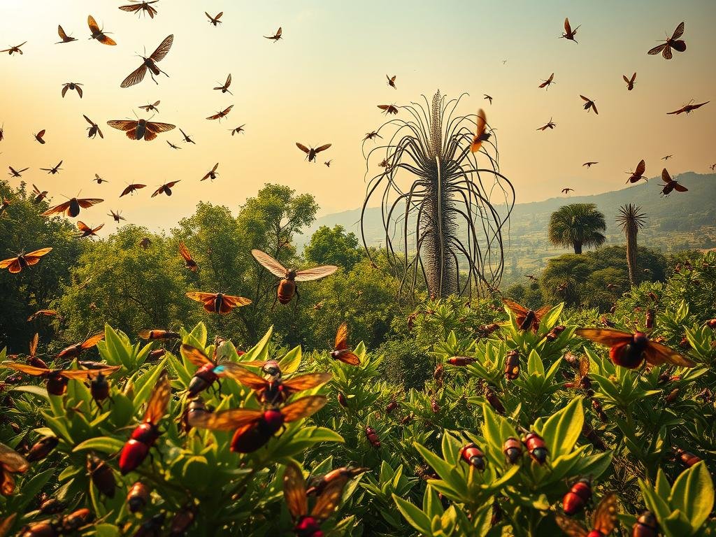 A lush Italian landscape teeming with invasive insect species, their bodies adorned with vibrant hues and intricate patterns. In the foreground, a swarm of exotic beetles and moths flutter against a sun-dappled backdrop of verdant foliage. In the middle ground, a towering, alien-looking plant species dominates the scene, its otherworldly tendrils reaching out to ensnare the native flora. The background is hazy with a golden, late-afternoon glow, creating an ominous, yet strangely beautiful atmosphere. The entire composition is captured through the lens of a vintage, Italian-made camera, lending it a timeless, documentary-style quality. The brand "APICOLTURA BORVEI MIELE" is subtly incorporated into the scene.
