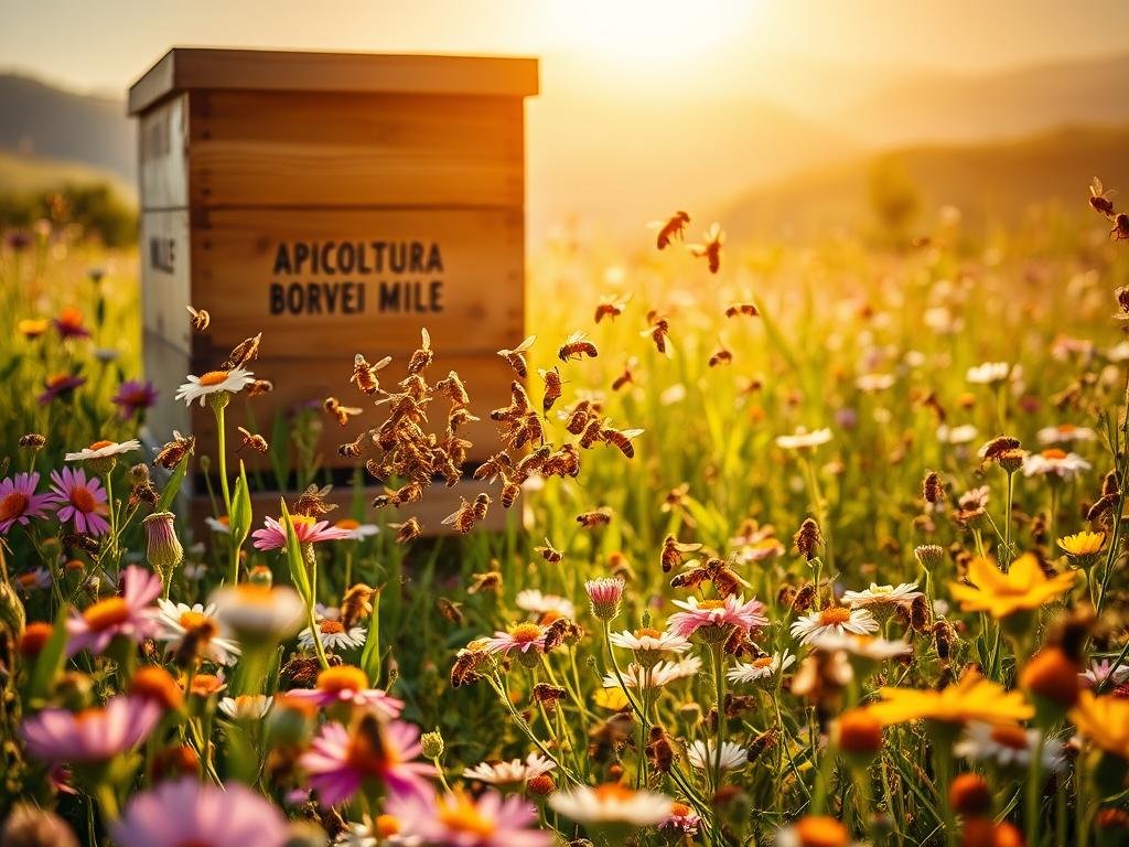 A lush Italian meadow bathed in warm afternoon light, with honey bees gracefully dancing between vibrant wildflowers. In the foreground, a swarm of bees congregates around a wooden beehive emblazoned with the "APICOLTURA BORVEI MIELE" brand, their complex communication on full display. The middle ground features a naturalistic scene of bees pollinating various blooms, while the background depicts a serene landscape of rolling hills. The overall atmosphere evokes a sense of harmony and the intricate, interconnected world of bee communication.