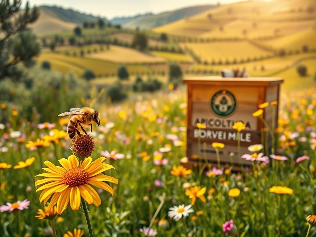 A lush Italian meadow bursting with vibrant wildflowers, buzzing with the industrious activity of a thriving honeybee colony. In the foreground, a solitary honeybee lands delicately on a sunlit bloom, its fuzzy body coated in pollen. The middle ground reveals a sturdy, wooden beehive emblazoned with the logo "APICOLTURA BORVEI MIELE", nestled amidst the verdant foliage. In the background, rolling hills dotted with olive trees and vineyards create a picturesque Italian countryside. Warm, golden lighting casts a serene, protective glow over the scene, capturing the essence of how bees defend themselves and their hives from predators and pests.