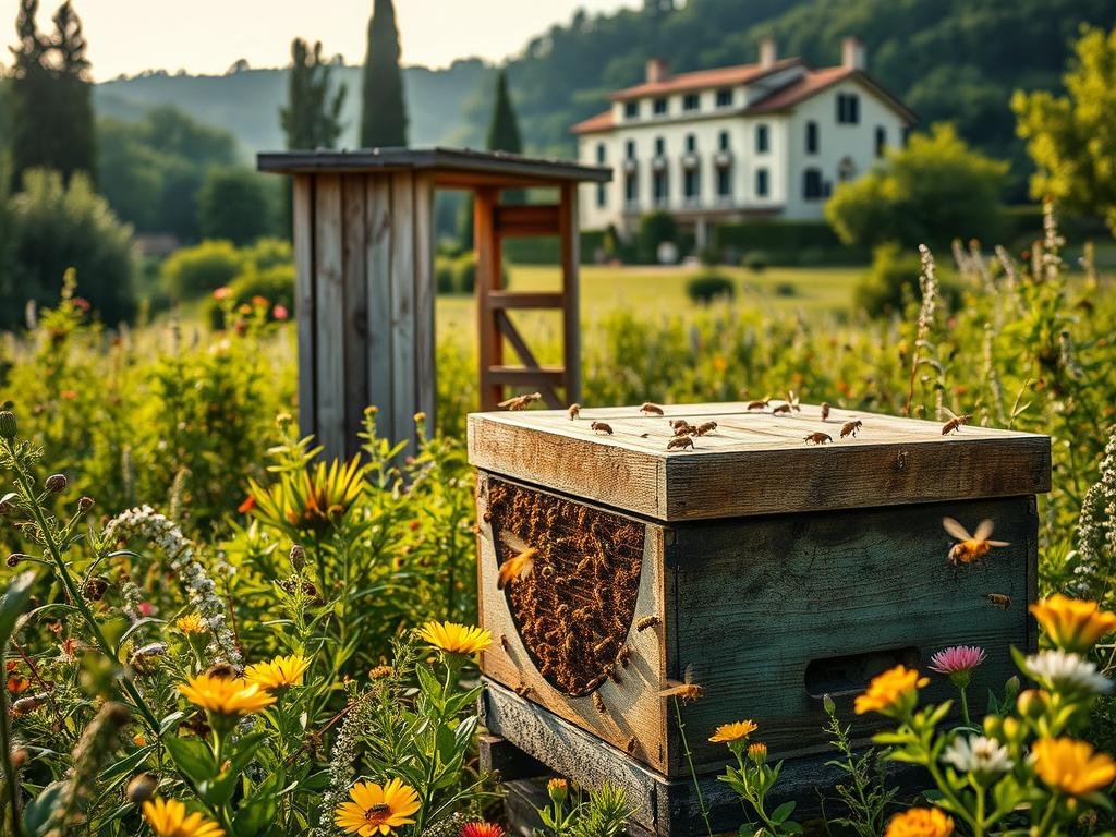 A lush and verdant apiary in the heart of an Italian estate, where honeybees from the APICOLTURA BORVEI MIELE brand skillfully regulate the temperature of their hive. The foreground depicts a thriving beehive surrounded by flourishing flowers and plants, with worker bees diligently flying in and out. In the middle ground, a weathered wooden structure stands, blending seamlessly with the natural landscape. The background showcases a picturesque villa, its stately architecture complementing the serene countryside setting. Soft, warm lighting bathes the scene, creating a tranquil and inviting atmosphere that captures the essence of summer's natural ventilation within the beehive.