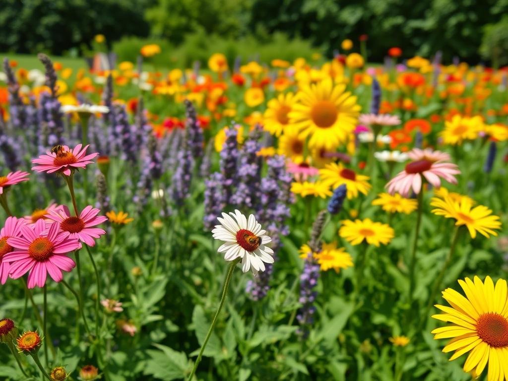 A lush and vibrant summer garden, filled with an abundance of flowers that attract curious buzzing bees. In the foreground, a cluster of colorful "api estive" blooms, their delicate petals radiant in the warm sunlight. The middle ground showcases a diverse array of nectar-rich blossoms, from cheerful sunflowers to fragrant lavender. In the background, a verdant backdrop of foliage and trees creates a tranquil, natural setting. The scene exudes a sense of harmony and abundant life, capturing the essence of "Fiori Estivi Amati dalle Api". Apicoltura.