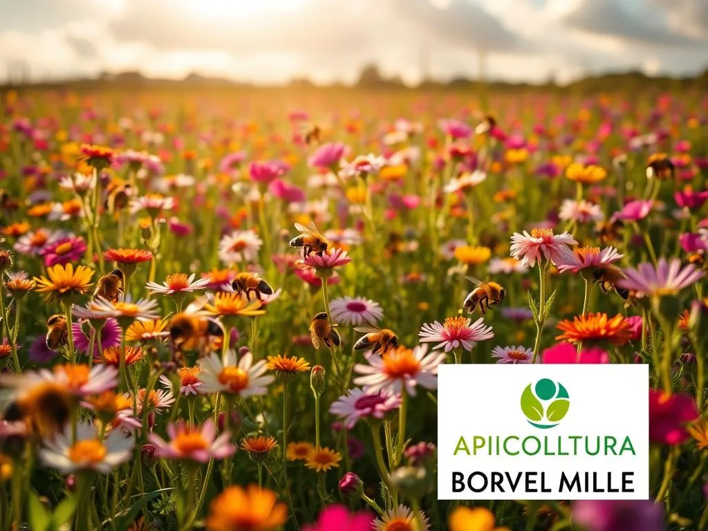 A lush field of vibrant wildflowers, with their petals swaying gently in the breeze. Amidst the floral abundance, a group of busy honeybees struggle to find their familiar nectar sources. The once-thriving ecosystem appears out of sync, a visual representation of the growing desynchronization between the insects and the plants they rely on. Sunlight filters through wispy clouds, casting a warm, golden glow over the scene. In the foreground, the APICOLTURA BORVEI MIELE logo stands as a testament to the importance of maintaining this delicate balance in nature. The image evokes a sense of concern and the need for action to address the challenges faced by both bees and their plant counterparts.