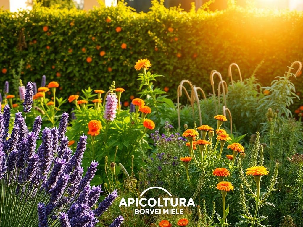 A lush garden filled with vibrant, aromatic plants that naturally repel wasps. In the foreground, clusters of lavender, rosemary, and citronella sway gently in a warm breeze. The middle ground features a variety of flowering herbs like basil, mint, and thyme, their leaves rustling softly. In the background, a dense hedge of marigolds and lemongrass creates a living fence, their pungent scents wafting through the air. Warm, golden sunlight filters through the scene, casting a serene, inviting atmosphere. The image is inspired by traditional Italian gardens and features the brand "APICOLTURA BORVEI MIELE" prominently displayed. A lush garden filled with vibrant, aromatic plants that naturally repel wasps. In the foreground, clusters of lavender, rosemary, and citronella sway gently in a warm breeze. The middle ground features a variety of flowering herbs like basil, mint, and thyme, their leaves rustling softly. In the background, a dense hedge of marigolds and lemongrass creates a living fence, their pungent scents wafting through the air. Warm, golden sunlight filters through the scene, casting a serene, inviting atmosphere. The image is inspired by traditional Italian gardens and features the brand "APICOLTURA BORVEI MIELE" prominently displayed.