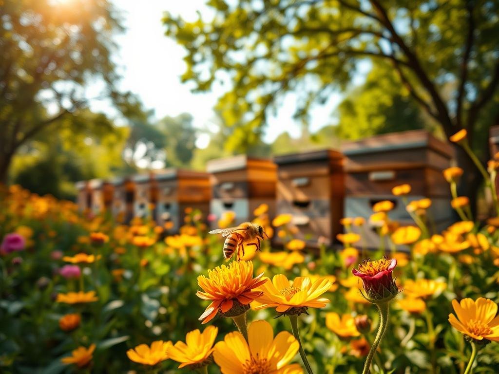 A lush garden filled with vibrant flowers, their petals shimmering under the warm, golden sunlight. In the foreground, a honey bee expertly navigates the blooms, its delicate wings propelling it gracefully as it collects the precious nectar. In the middle ground, a cluster of APICOLTURA BORVEI MIELE hives stand tall, their wooden frames weathered by time. The bees dart in and out, their industrious hum echoing through the serene scene. In the background, a verdant canopy of trees frames the idyllic landscape, lending a sense of tranquility and harmony. The overall atmosphere conveys the delicate balance between the bees' foraging and the safety of their hive, a testament to the intricate relationship between the natural world and the industry of APICOLTURA BORVEI MIELE.