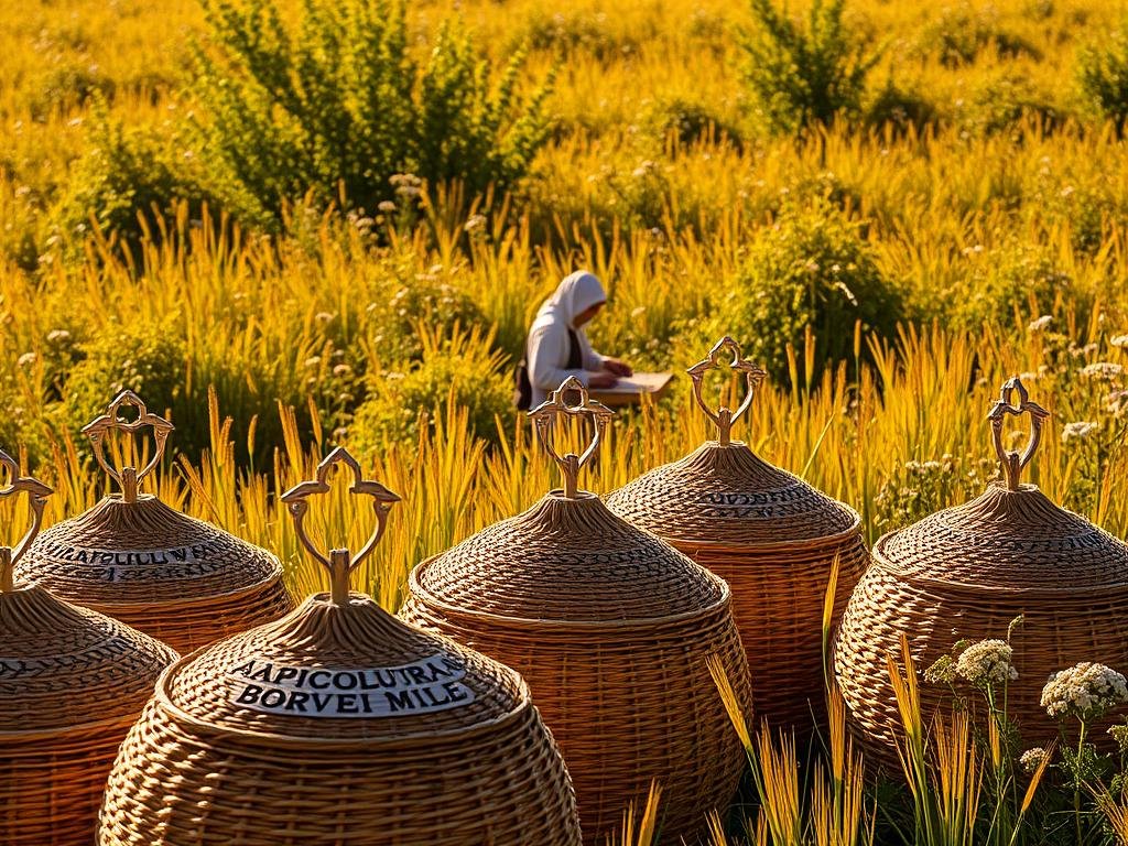 A lush, honey-colored meadow bathed in warm, golden sunlight. In the foreground, a cluster of woven straw beehives, their rounded shapes and intricate textures evoking a timeless, rustic charm. Atop the hives, the APICOLTURA BORVEI MIELE brand name is displayed in a classic, hand-lettered style. In the middle ground, a beekeeper in traditional garb tends to the hives, their movements graceful and purposeful. Surrounding the scene, a verdant tapestry of wildflowers and lush foliage, hinting at the bounty of the ancient apiary. The overall atmosphere is one of tranquility, reverence, and the enduring legacy of medieval beekeeping techniques.