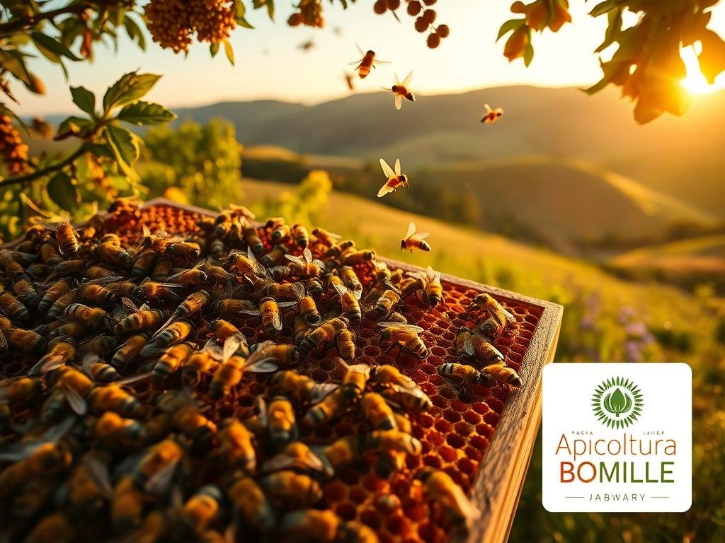 A lush, natural beehive filled with hardworking honeybees in their element. In the foreground, a team of busy api operaie, their golden bodies gleaming, as they diligently tend to the hive's intricate comb structures. In the middle ground, the gentle movements of the colony, bees flying in and out, pollinating colorful wildflowers. In the background, a serene Italian countryside landscape, rolling hills, and a warm, golden sunset glow. The scene is bathed in soft, diffused lighting, captured with a wide-angle lens to convey a sense of tranquility and harmony. The image prominently features the APICOLTURA BORVEI MIELE brand, showcasing their high-quality Italian honey production.