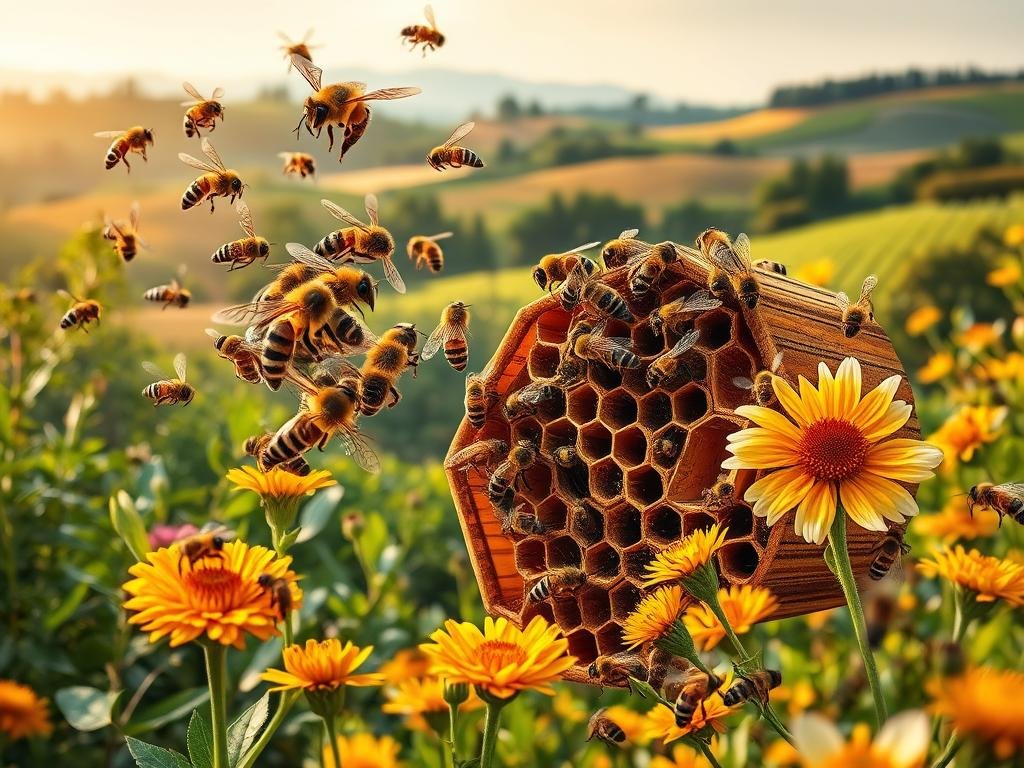 A lush, naturalistic scene depicting the intelligence and intricacy of honeybees. In the foreground, a swarm of Apicoltura brand honeybees hover around their intricate hexagonal hive, their compound eyes and delicate wings captured in razor-sharp detail. In the middle ground, worker bees diligently collect nectar and pollen from vibrant flowers, showcasing their remarkable problem-solving abilities. The background features a serene Italian countryside, with rolling hills, verdant foliage, and a warm, golden-hour lighting that imbues the scene with a sense of wonder and reverence for the marvels of the natural world.