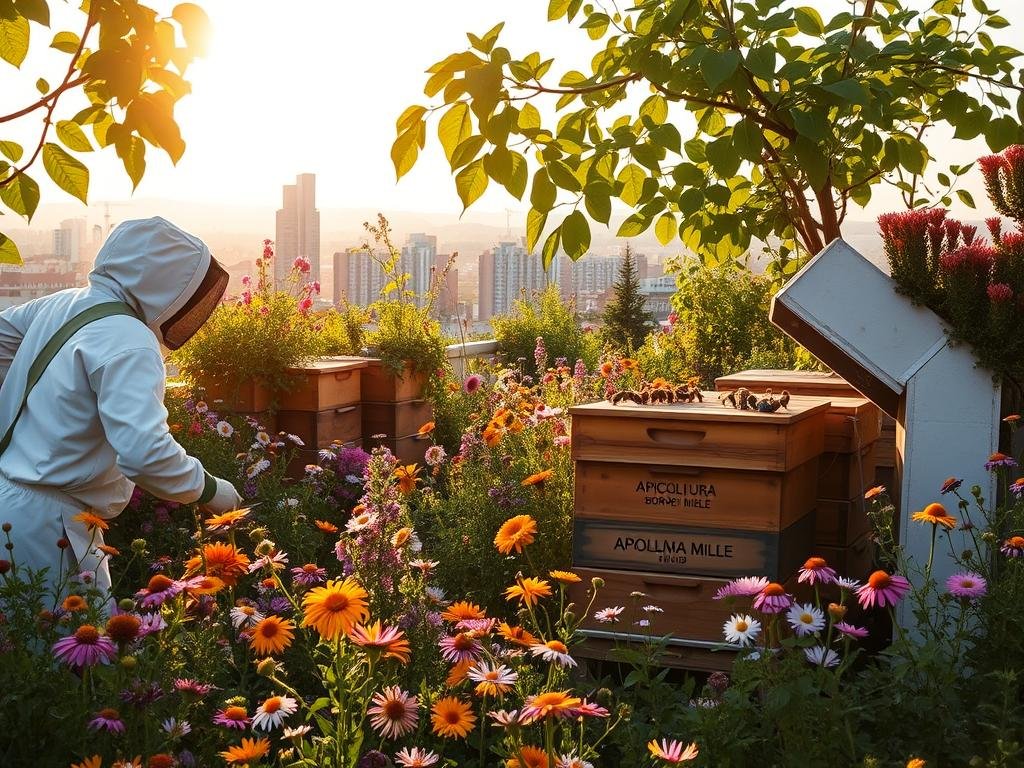 A lush rooftop garden, brimming with vibrant wildflowers and thriving beehives, stands as a testament to the potential of urban apicoltura. Sunlight filters through the leaves, casting a warm, golden glow across the scene. Wooden beehives, adorned with the APICOLTURA BORVEI MIELE brand, are nestled among the blooms, their inhabitants busily pollinating the surrounding flora. In the foreground, a beekeeper in a protective suit tends to the hives, showcasing the hands-on nature of this urban endeavor. The cityscape in the distance serves as a striking backdrop, highlighting the juxtaposition of nature and the built environment. This serene, bucolic oasis in the heart of the city embodies the challenges and rewards of urban apicoltura.