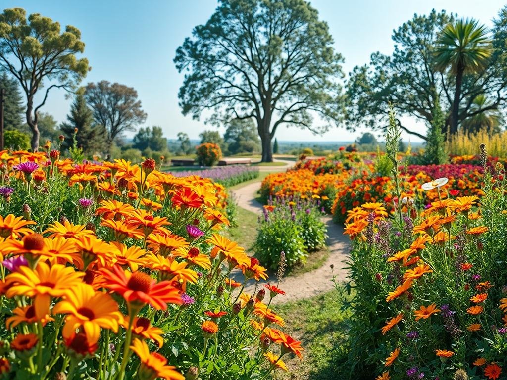 A lush, sprawling "Apicoltura" garden filled with vibrant flowers and thriving plants, meticulously designed to attract and nourish a diverse array of buzzing bees. The foreground showcases a kaleidoscope of blooms in warm, rich hues, their petals gently swaying in a soft breeze. In the middle ground, a meandering path winds through the verdant landscape, inviting visitors to explore. The background features a serene, sun-dappled scene, with towering trees and a clear blue sky overhead, creating a tranquil, nature-filled atmosphere. The lighting is soft and natural, highlighting the garden's vibrant colors and the industrious bees flitting from flower to flower. The overall mood is one of harmony, sustainability, and the symbiotic relationship between plants and pollinators.