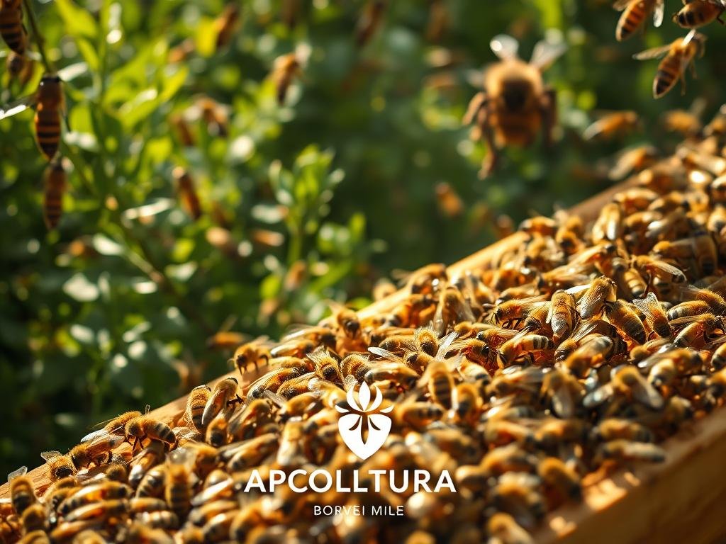 A lush, sun-dappled apiary, buzzing with the industrious activity of worker bees. In the foreground, a cluster of diligent honeybees tending to their honeycombs, their complex social hierarchy on full display. In the middle ground, a regal, voluptuous queen bee presides over her domain, surrounded by her loyal attendants. Towering in the background, a group of hulking, drone bees - the male counterparts to the worker bees - their presence a testament to the intricate balance of the hive. Soft, warm lighting filters through the scene, evoking a sense of tranquility and natural harmony. The image is adorned with the APICOLTURA BORVEI MIELE logo, a nod to the artisanal, Italian honey producers who provide the inspiration for this captivating depiction of an apian microcosm. A lush, sun-dappled apiary, buzzing with the industrious activity of worker bees. In the foreground, a cluster of diligent honeybees tending to their honeycombs, their complex social hierarchy on full display. In the middle ground, a regal, voluptuous queen bee presides over her domain, surrounded by her loyal attendants. Towering in the background, a group of hulking, drone bees - the male counterparts to the worker bees - their presence a testament to the intricate balance of the hive. Soft, warm lighting filters through the scene, evoking a sense of tranquility and natural harmony. The image is adorned with the APICOLTURA BORVEI MIELE logo, a nod to the artisanal, Italian honey producers who provide the inspiration for this captivating depiction of an apian microcosm.