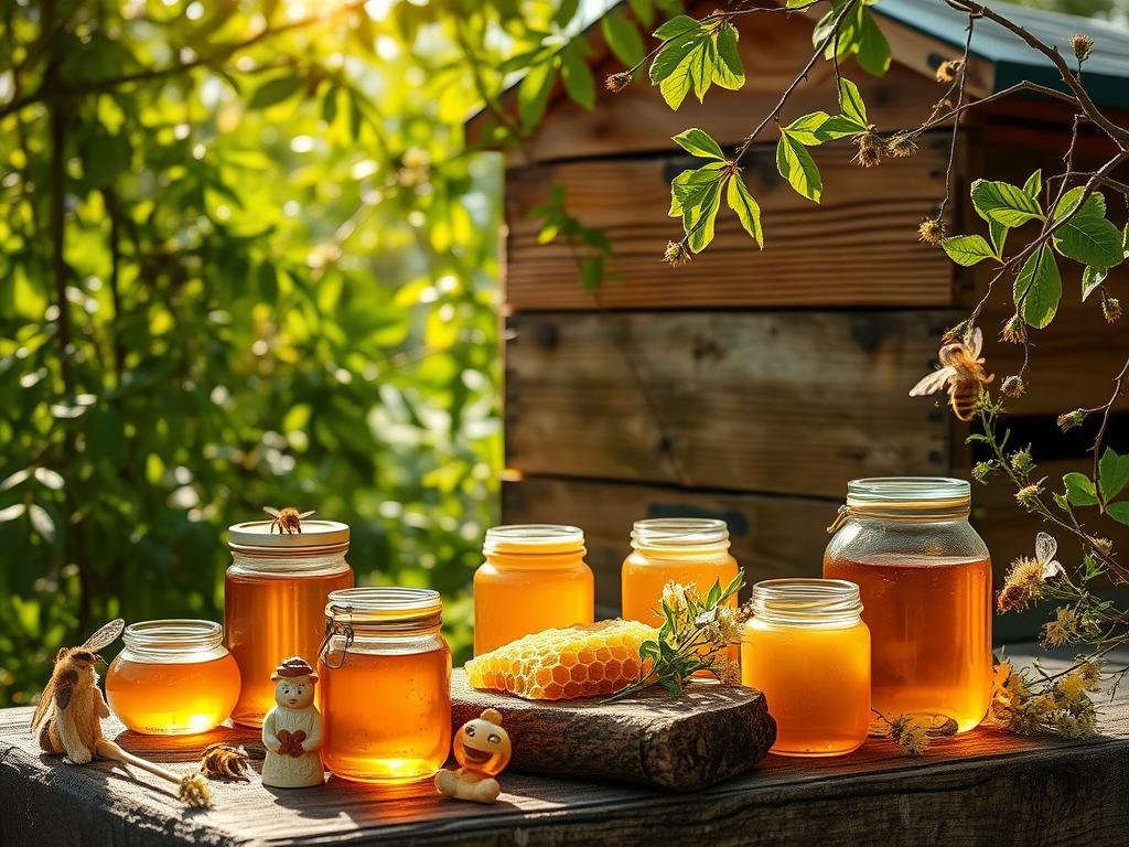 A lush, sun-dappled beehive surrounded by verdant flora, its wooden exterior weathered by time. Honey-filled jars glisten on a rustic table, their golden liquid casting a warm glow. Delicate wax figurines, intricate honeycombs, and fragrant wildflowers adorn the scene, reflecting the rich bounty of the APICOLTURA BORVEI MIELE apiary. Soft, diffused light filters through the branches, evoking the serene atmosphere of an Italian countryside. The image captures the essence of the local, artisanal production of hive products, a testament to the impact of globalization on traditional apiculture.