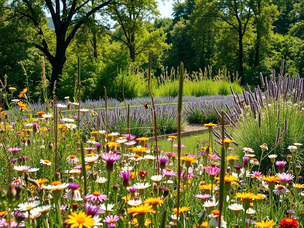 A lush, sun-dappled "giardino per api" teeming with vibrant blooms, native plants, and buzzing pollinators. In the foreground, a vibrant carpet of wildflowers in shades of purple, yellow, and white. In the middle ground, rows of lavender, thyme, and rosemary sway gently in the breeze. The background features a verdant, wooded landscape with dappled light filtering through the canopy. The scene is bathed in warm, golden light, capturing the tranquil atmosphere of this "Apicoltura" oasis. Carefully composed to highlight the seasonal bounty that nourishes bees throughout the year.