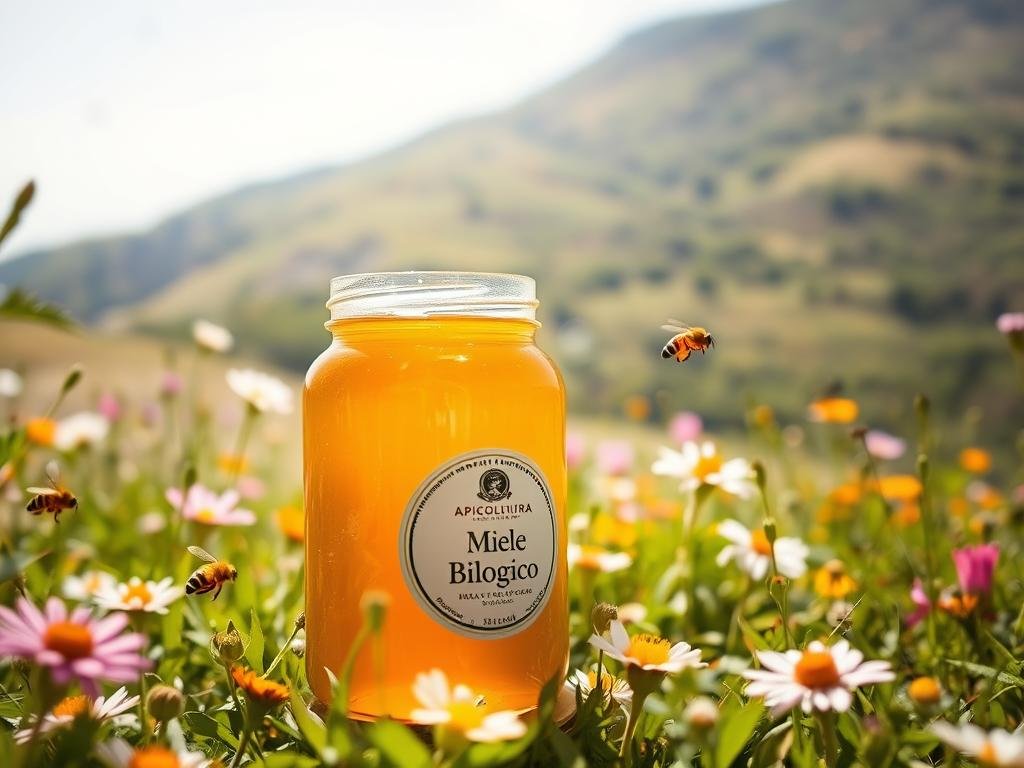A lush, sun-dappled meadow, alive with buzzing honeybees and vibrant wildflowers. In the foreground, a glass jar filled with golden, viscous Miele Biologico, the APICOLTURA BORVEI MIELE label prominently displayed. Soft, diffused lighting illuminates the scene, capturing the natural beauty and rich hues of the organic honey. The middle ground features an array of nectar-bearing plants, their petals gently swaying in a light breeze. In the background, a distant hillside, its slopes covered in a patchwork of verdant foliage, suggests the pastoral origins of this traditional Italian product. The overall mood is one of tranquility, tradition, and the harmonious relationship between nature and artisanal food production.