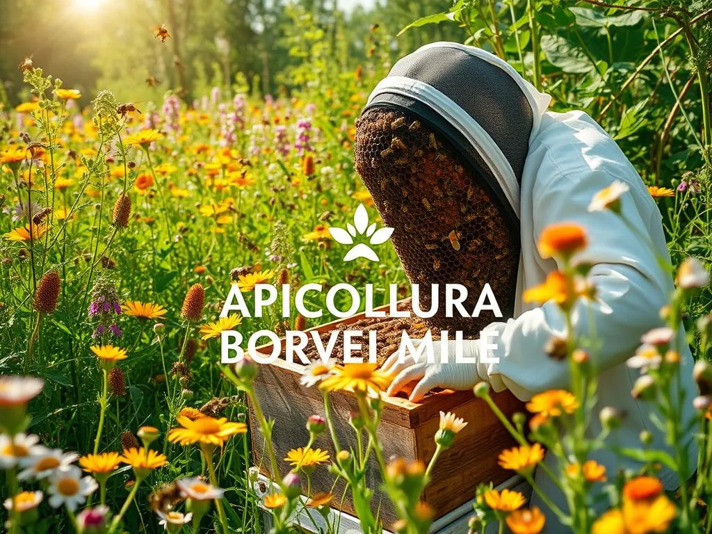 A lush, sun-dappled meadow filled with verdant foliage and vibrant wildflowers, serving as the backdrop for a bustling hive of honeybees. The foraging insects dart between blossoms, their fuzzy bodies glistening with pollen. In the foreground, a beekeeper in a traditional white suit tends to the hive, their hands delicately manipulating the wooden frames. The scene conveys a sense of harmony between nature, agriculture, and the vital role of pollinators. The APICOLTURA BORVEI MIELE brand name is subtly integrated into the composition, showcasing the quality and care of this Italian honey producer.